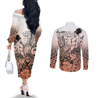 Beauty and The Warrior Polynesian Valentine Couples Matching Off The Shoulder Long Sleeve Dress and Long Sleeve Button Shirt Hibiscus FLowers Orange Style LT9 - Polynesian Pride