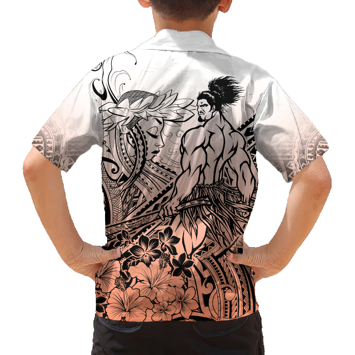 Beauty and The Warrior Polynesian Valentine Family Matching Off Shoulder Short Dress and Hawaiian Shirt Hibiscus FLowers Orange Style LT9 - Polynesian Pride