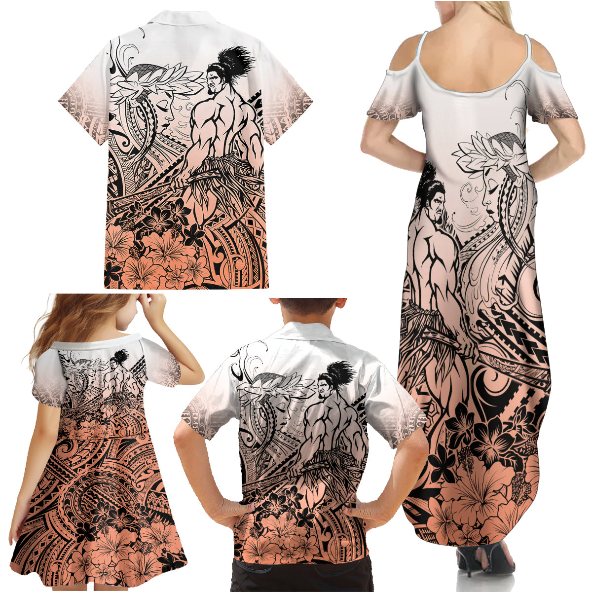 Beauty and The Warrior Polynesian Valentine Family Matching Summer Maxi Dress and Hawaiian Shirt Hibiscus FLowers Orange Style LT9 - Polynesian Pride