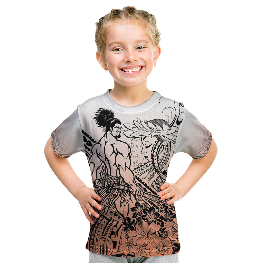 Beauty and The Warrior Polynesian Valentine Kid T Shirt Hibiscus FLowers Orange Style LT9 Orange - Polynesian Pride