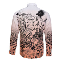 Beauty and The Warrior Polynesian Valentine Long Sleeve Button Shirt Hibiscus FLowers Orange Style LT9 - Polynesian Pride