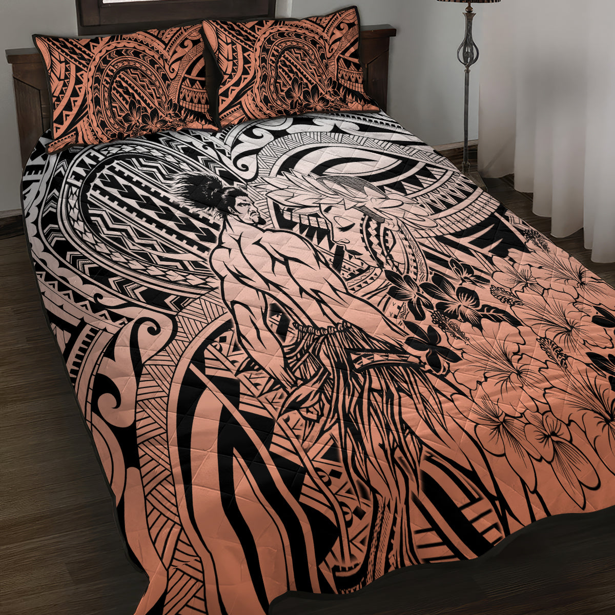 Beauty and The Warrior Polynesian Valentine Quilt Bed Set Hibiscus FLowers Orange Style LT9 - Polynesian Pride