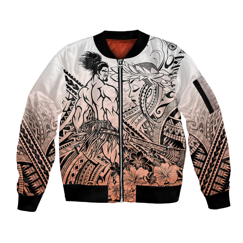 Beauty and The Warrior Polynesian Valentine Sleeve Zip Bomber Jacket Hibiscus FLowers Orange Style LT9 Unisex Orange - Polynesian Pride