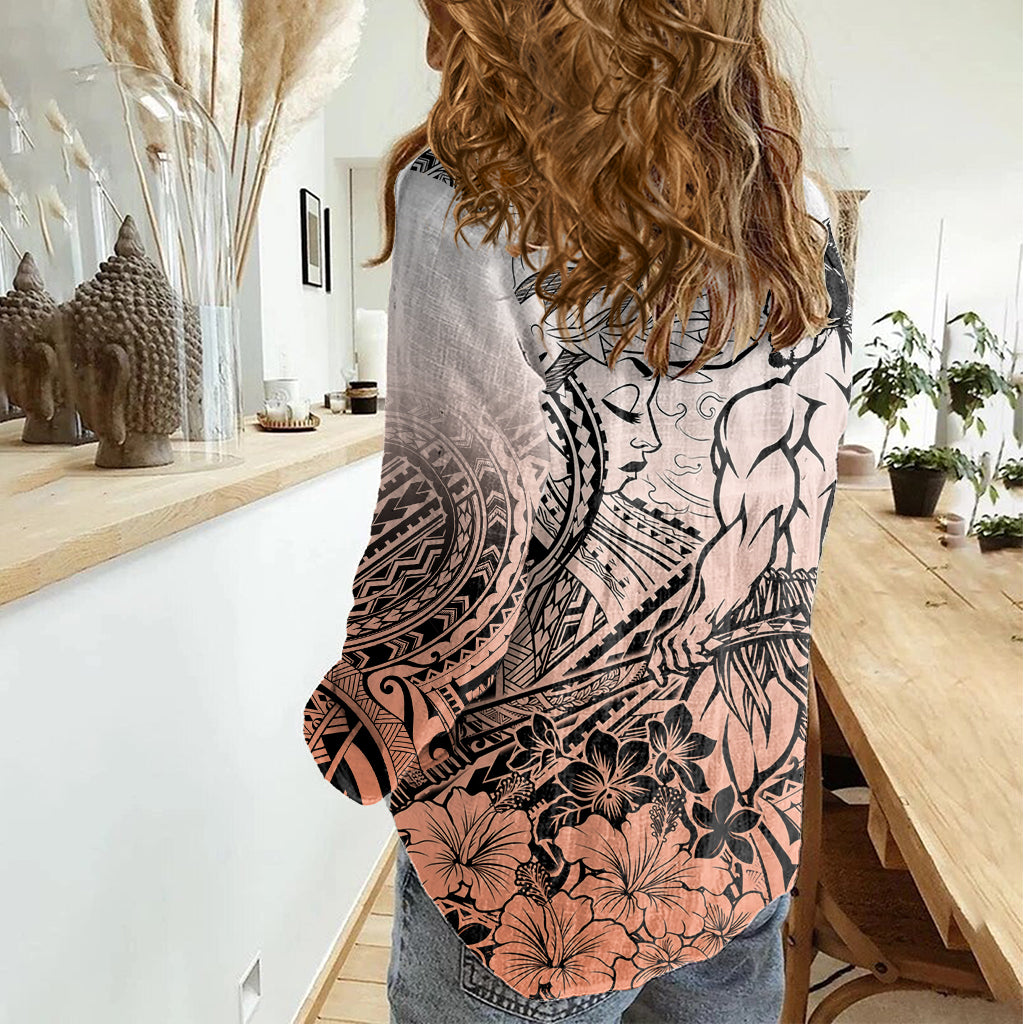 Beauty and The Warrior Polynesian Valentine Women Casual Shirt Hibiscus FLowers Orange Style LT9 - Polynesian Pride
