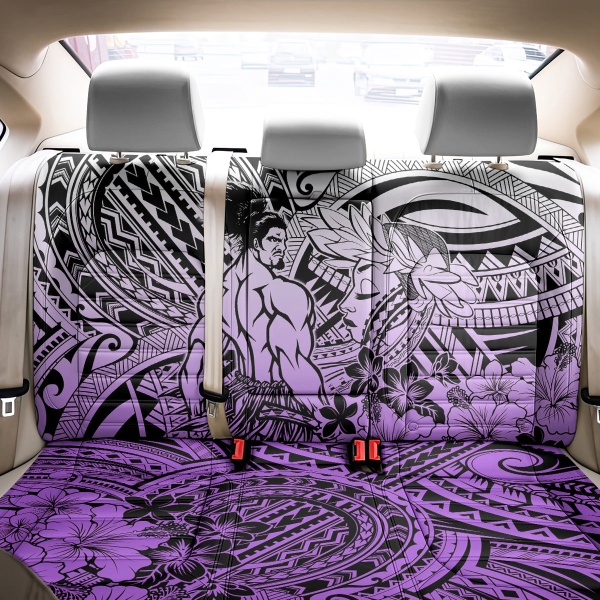 Beauty and The Warrior Polynesian Valentine Back Car Seat Cover Hibiscus FLowers Purple Style LT9 - Polynesian Pride