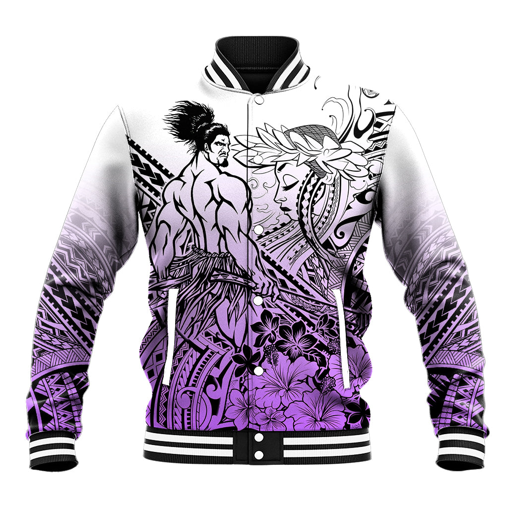 Beauty and The Warrior Polynesian Valentine Baseball Jacket Hibiscus FLowers Purple Style LT9 Unisex Purple - Polynesian Pride