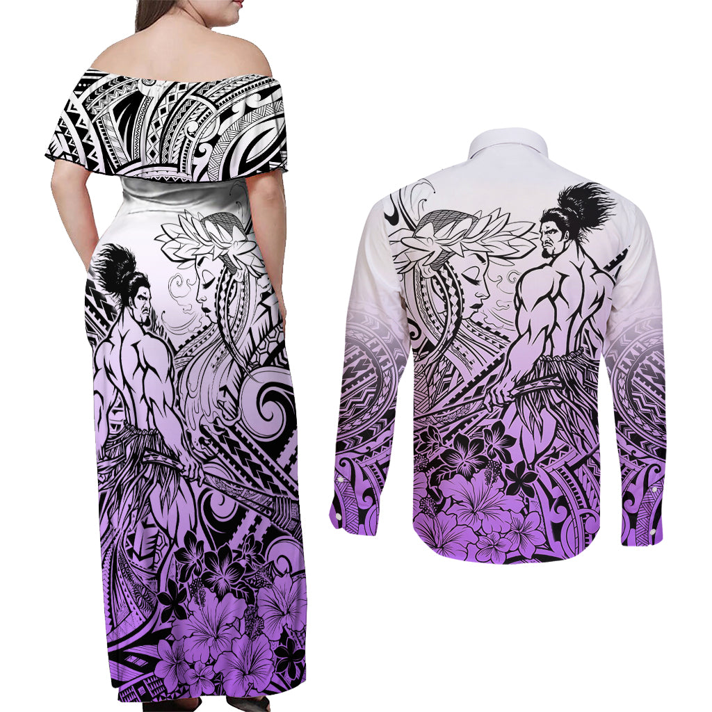 Beauty and The Warrior Polynesian Valentine Couples Matching Off Shoulder Maxi Dress and Long Sleeve Button Shirt Hibiscus FLowers Purple Style LT9 - Polynesian Pride