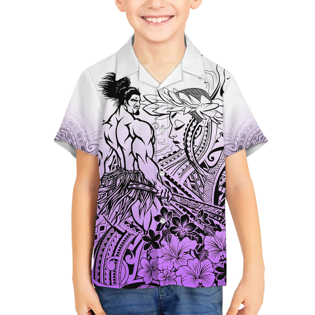 Beauty and The Warrior Polynesian Valentine Family Matching Off Shoulder Maxi Dress and Hawaiian Shirt Hibiscus FLowers Purple Style LT9 Son's Shirt Purple - Polynesian Pride