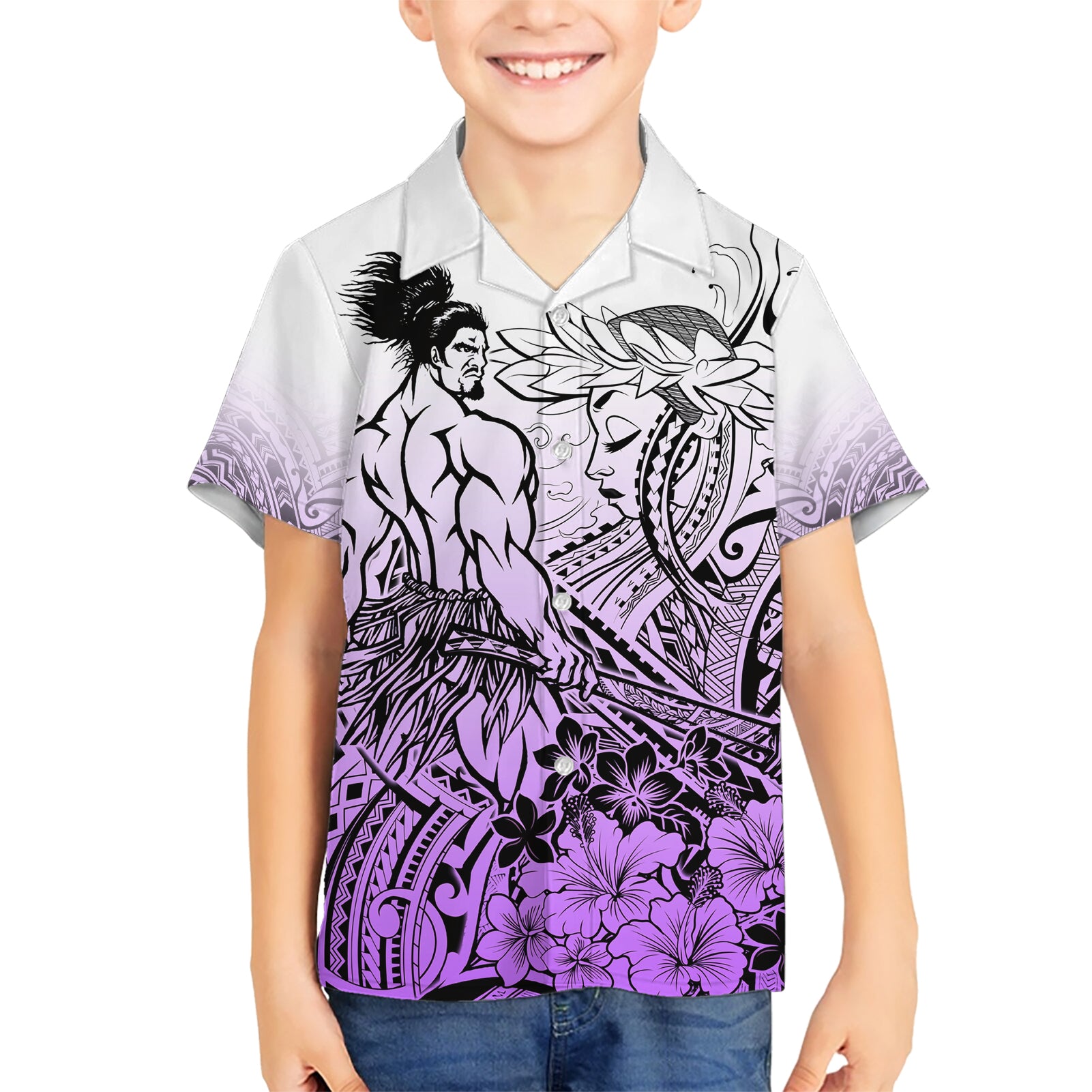 Beauty and The Warrior Polynesian Valentine Kid Hawaiian Shirt Hibiscus FLowers Purple Style LT9 Kid Purple - Polynesian Pride