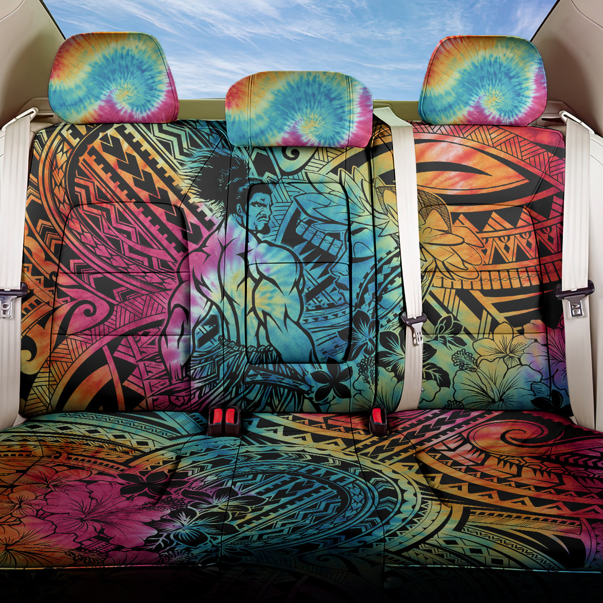 Beauty and The Warrior Polynesian Valentine Back Car Seat Cover Hibiscus FLowers Rainbow Style LT9 One Size Rainbow - Polynesian Pride