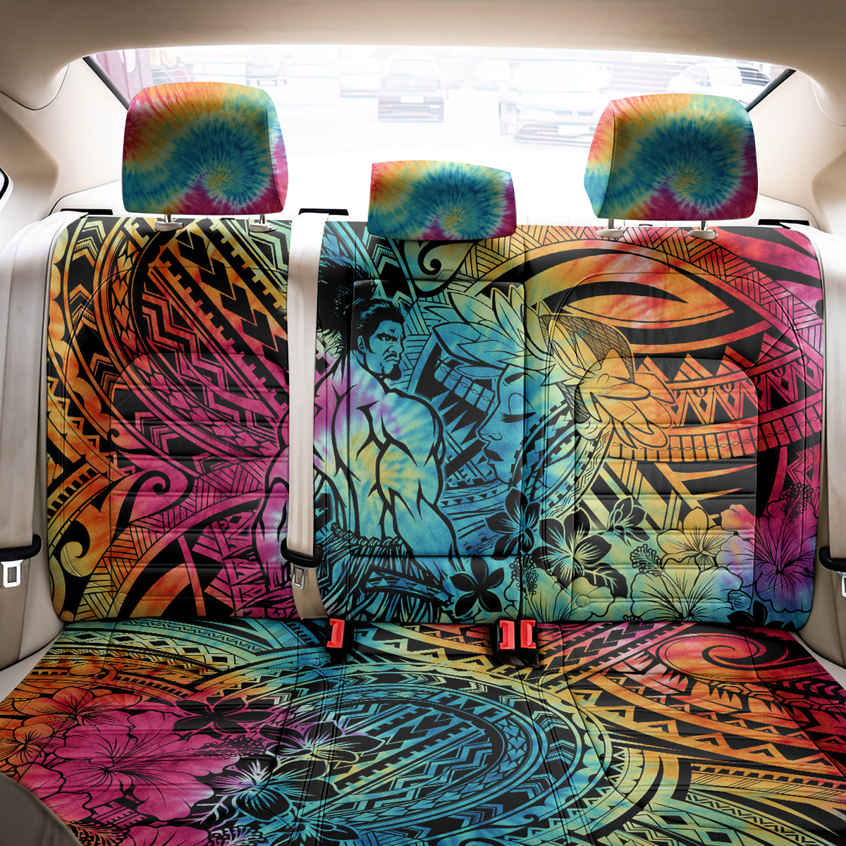 Beauty and The Warrior Polynesian Valentine Back Car Seat Cover Hibiscus FLowers Rainbow Style LT9 - Polynesian Pride
