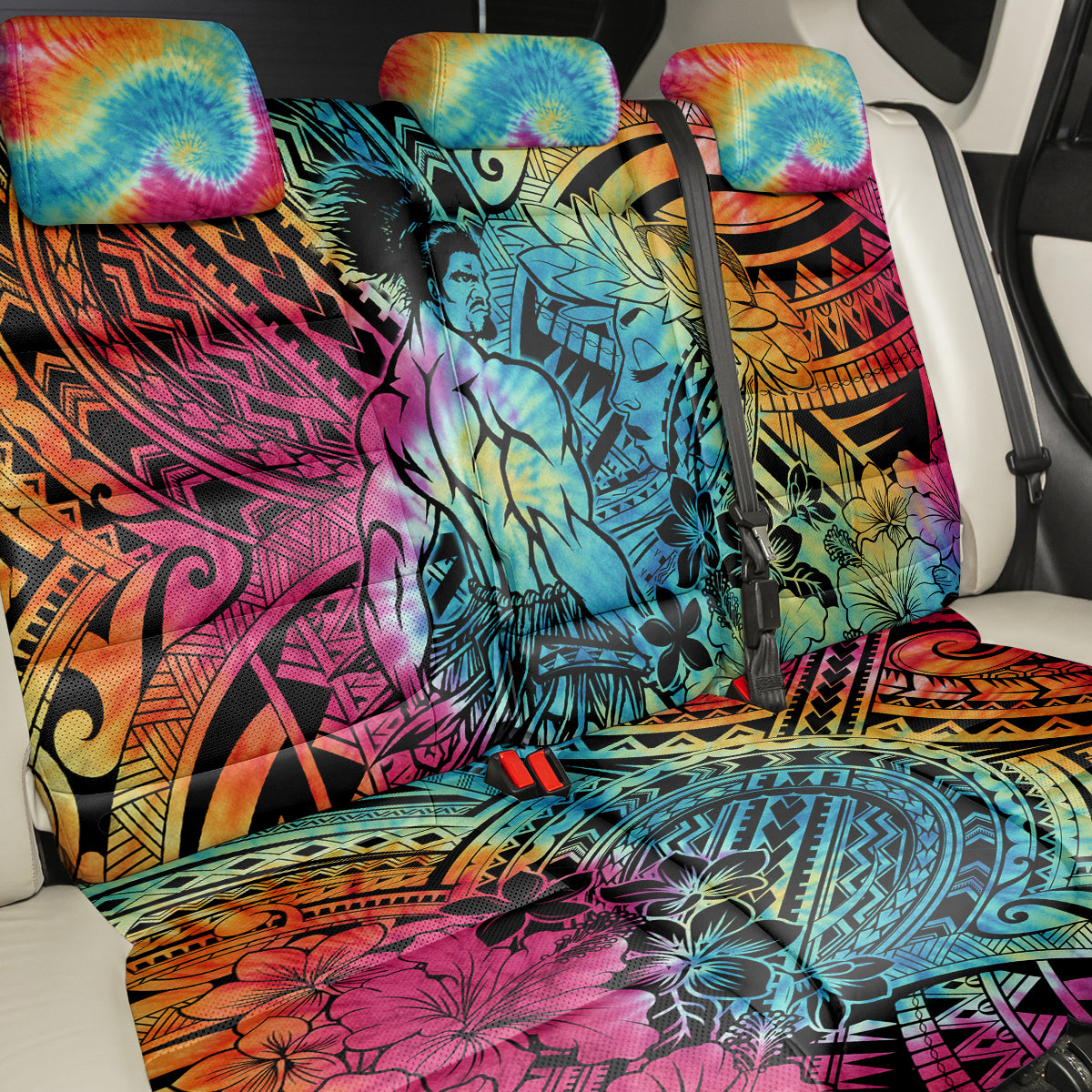 Beauty and The Warrior Polynesian Valentine Back Car Seat Cover Hibiscus FLowers Rainbow Style LT9 - Polynesian Pride