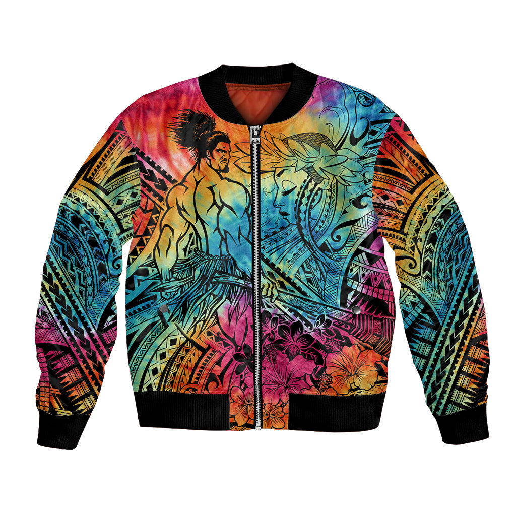 Beauty and The Warrior Polynesian Valentine Bomber Jacket Hibiscus FLowers Rainbow Style LT9 Unisex Rainbow - Polynesian Pride