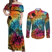 Beauty and The Warrior Polynesian Valentine Couples Matching Off Shoulder Maxi Dress and Long Sleeve Button Shirt Hibiscus FLowers Rainbow Style LT9 Rainbow - Polynesian Pride