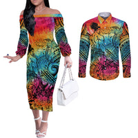 Beauty and The Warrior Polynesian Valentine Couples Matching Off The Shoulder Long Sleeve Dress and Long Sleeve Button Shirt Hibiscus FLowers Rainbow Style LT9 Rainbow - Polynesian Pride