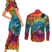 Beauty and The Warrior Polynesian Valentine Couples Matching Short Sleeve Bodycon Dress and Long Sleeve Button Shirt Hibiscus FLowers Rainbow Style LT9 - Polynesian Pride