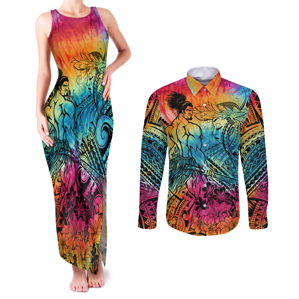 Beauty and The Warrior Polynesian Valentine Couples Matching Tank Maxi Dress and Long Sleeve Button Shirt Hibiscus FLowers Rainbow Style LT9 Rainbow - Polynesian Pride