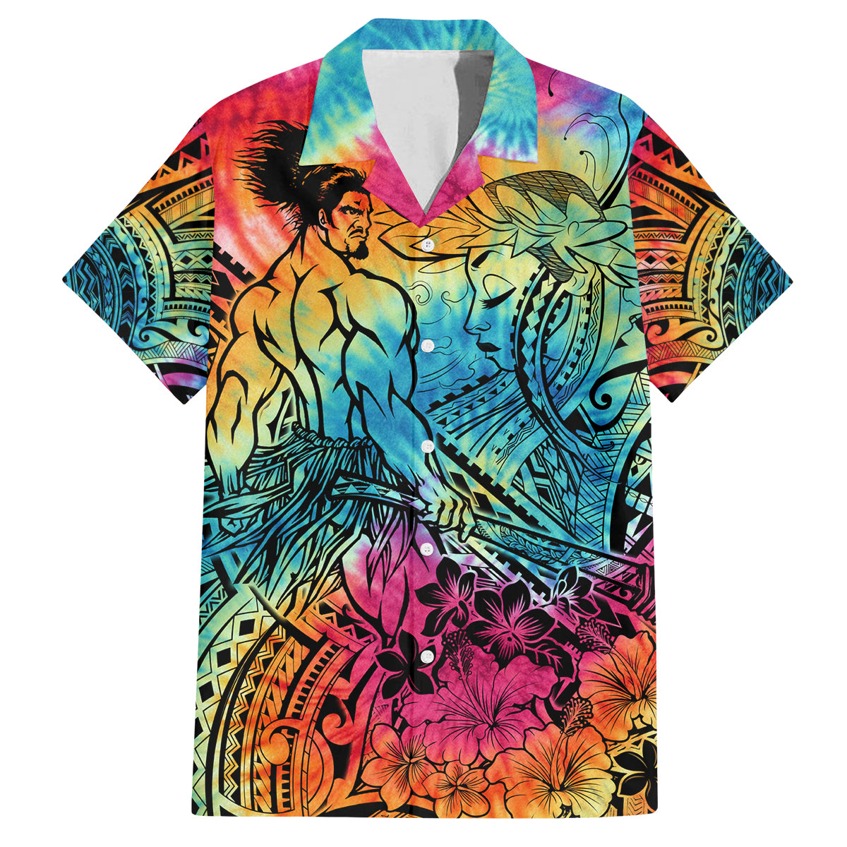 Beauty and The Warrior Polynesian Valentine Family Matching Long Sleeve Bodycon Dress and Hawaiian Shirt Hibiscus FLowers Rainbow Style LT9 Dad's Shirt - Short Sleeve Rainbow - Polynesian Pride