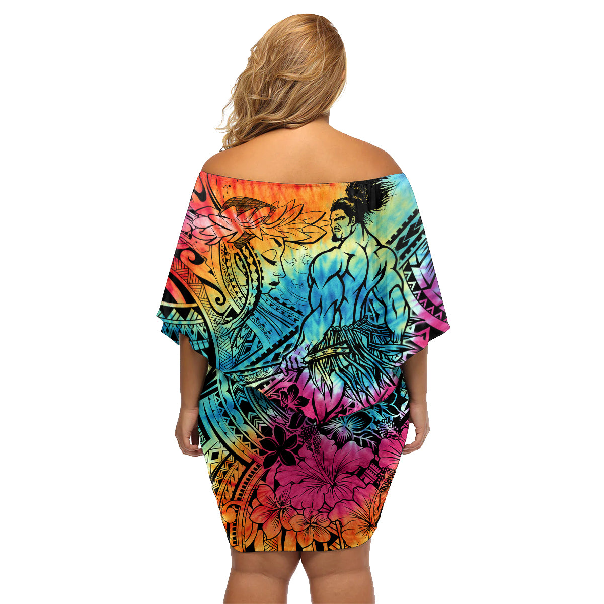 Beauty and The Warrior Polynesian Valentine Family Matching Off Shoulder Short Dress and Hawaiian Shirt Hibiscus FLowers Rainbow Style LT9 - Polynesian Pride