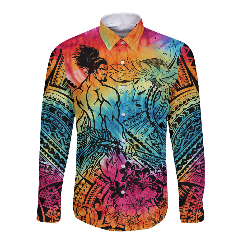 Beauty and The Warrior Polynesian Valentine Long Sleeve Button Shirt Hibiscus FLowers Rainbow Style LT9 Unisex Rainbow - Polynesian Pride