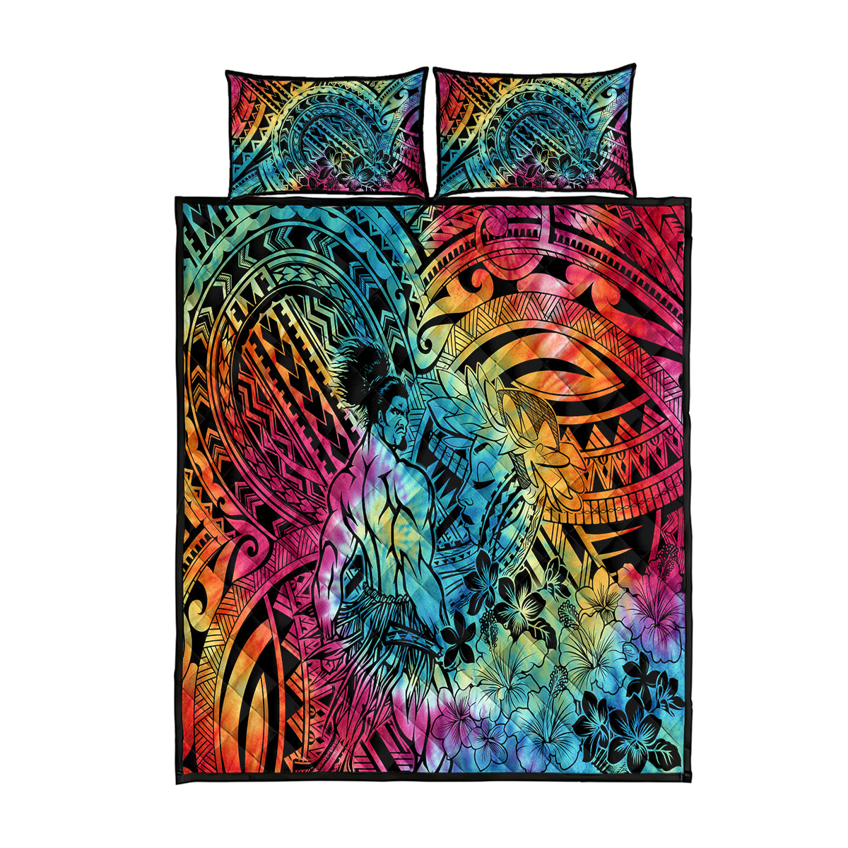 Beauty and The Warrior Polynesian Valentine Quilt Bed Set Hibiscus FLowers Rainbow Style LT9 Rainbow - Polynesian Pride