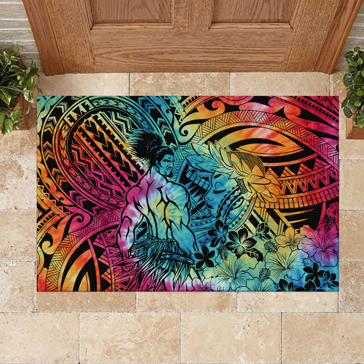 Beauty and The Warrior Polynesian Valentine Rubber Doormat Hibiscus FLowers Rainbow Style LT9 - Polynesian Pride
