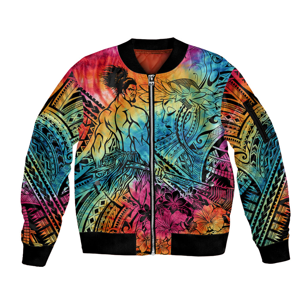 Beauty and The Warrior Polynesian Valentine Sleeve Zip Bomber Jacket Hibiscus FLowers Rainbow Style LT9 Unisex Rainbow - Polynesian Pride
