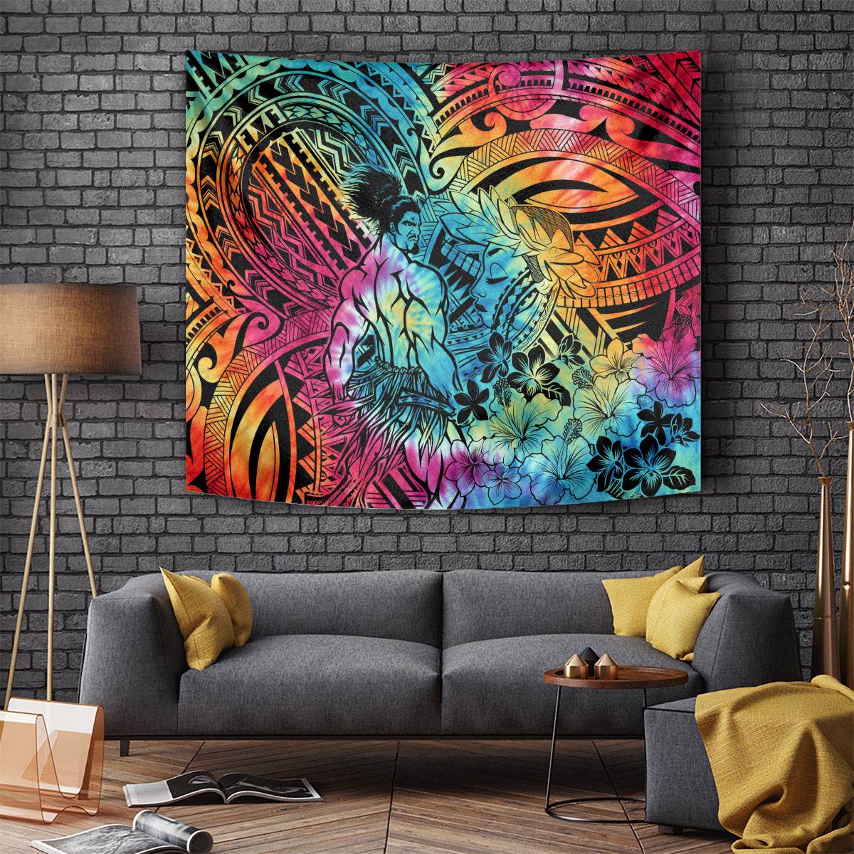 Beauty and The Warrior Polynesian Valentine Tapestry Hibiscus FLowers Rainbow Style LT9 Rainbow - Polynesian Pride