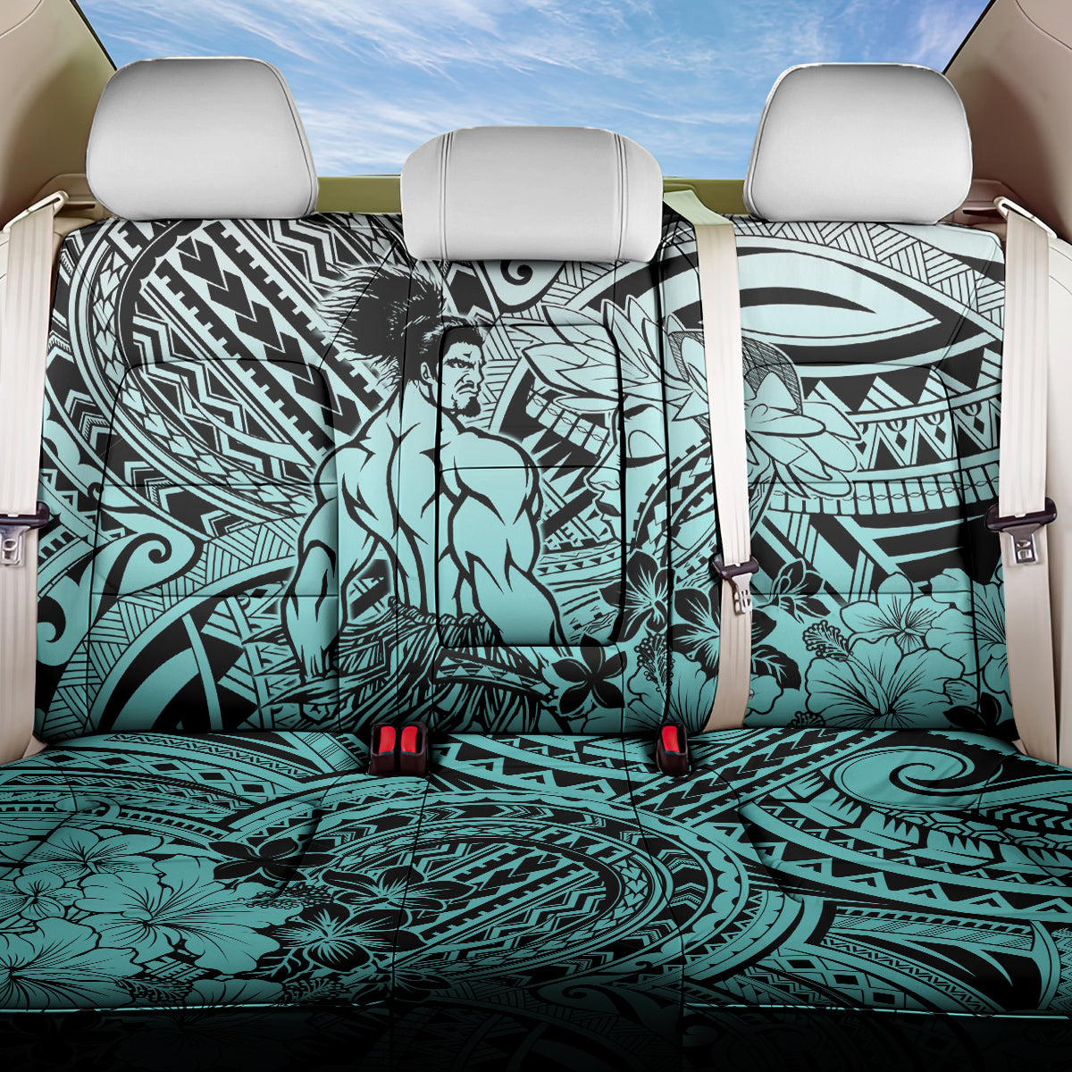 Beauty and The Warrior Polynesian Valentine Back Car Seat Cover Hibiscus FLowers Turquoise Style LT9 One Size Turquoise - Polynesian Pride