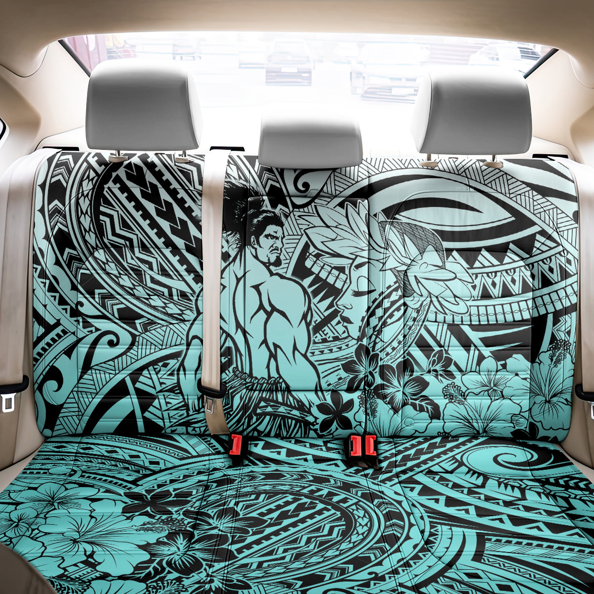 Beauty and The Warrior Polynesian Valentine Back Car Seat Cover Hibiscus FLowers Turquoise Style LT9 - Polynesian Pride
