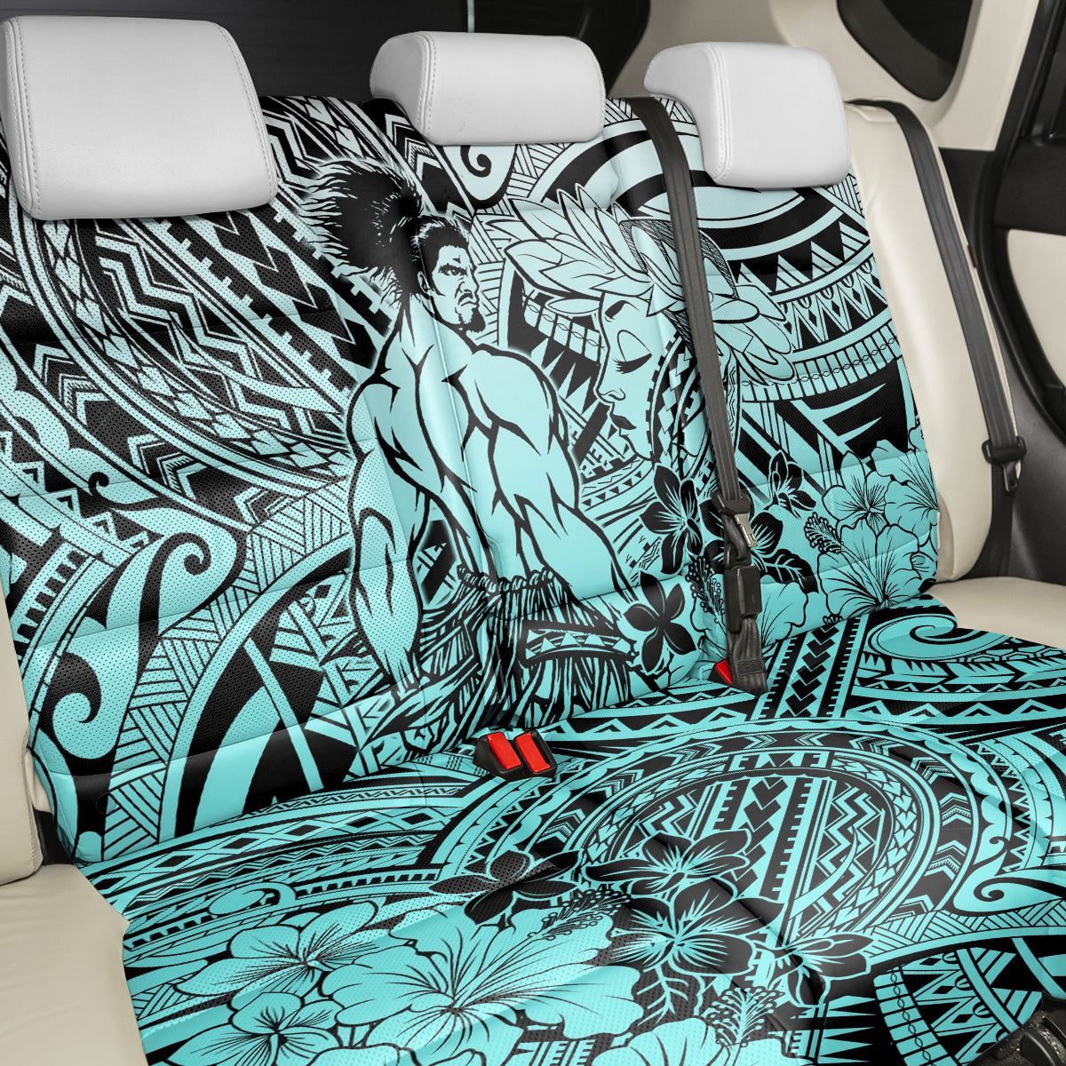 Beauty and The Warrior Polynesian Valentine Back Car Seat Cover Hibiscus FLowers Turquoise Style LT9 - Polynesian Pride