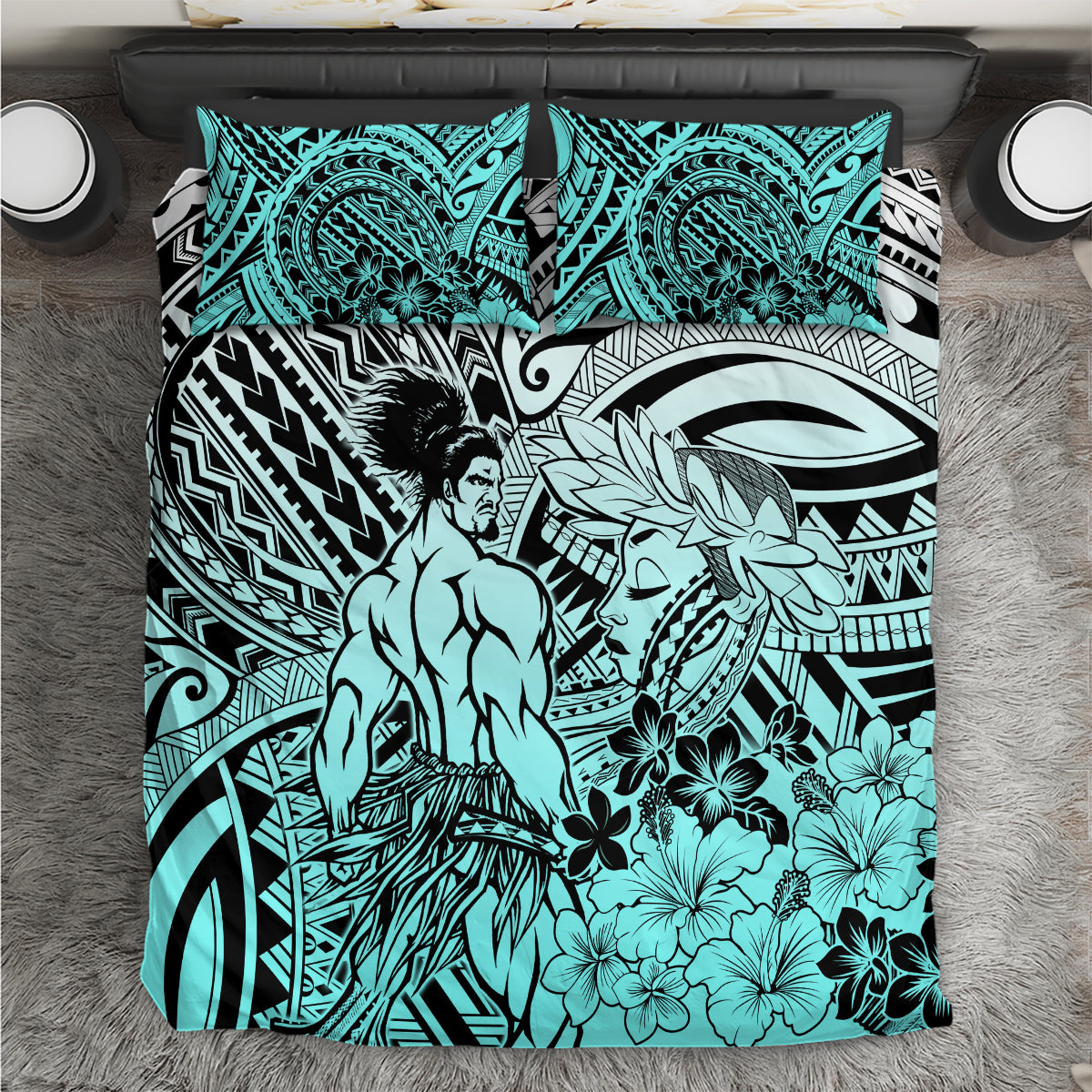 Beauty and The Warrior Polynesian Valentine Bedding Set Hibiscus FLowers Turquoise Style LT9 Turquoise - Polynesian Pride