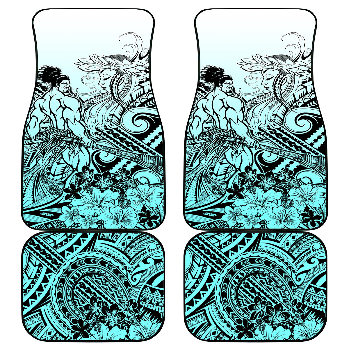 Beauty and The Warrior Polynesian Valentine Car Mats Hibiscus FLowers Turquoise Style LT9 Turquoise - Polynesian Pride