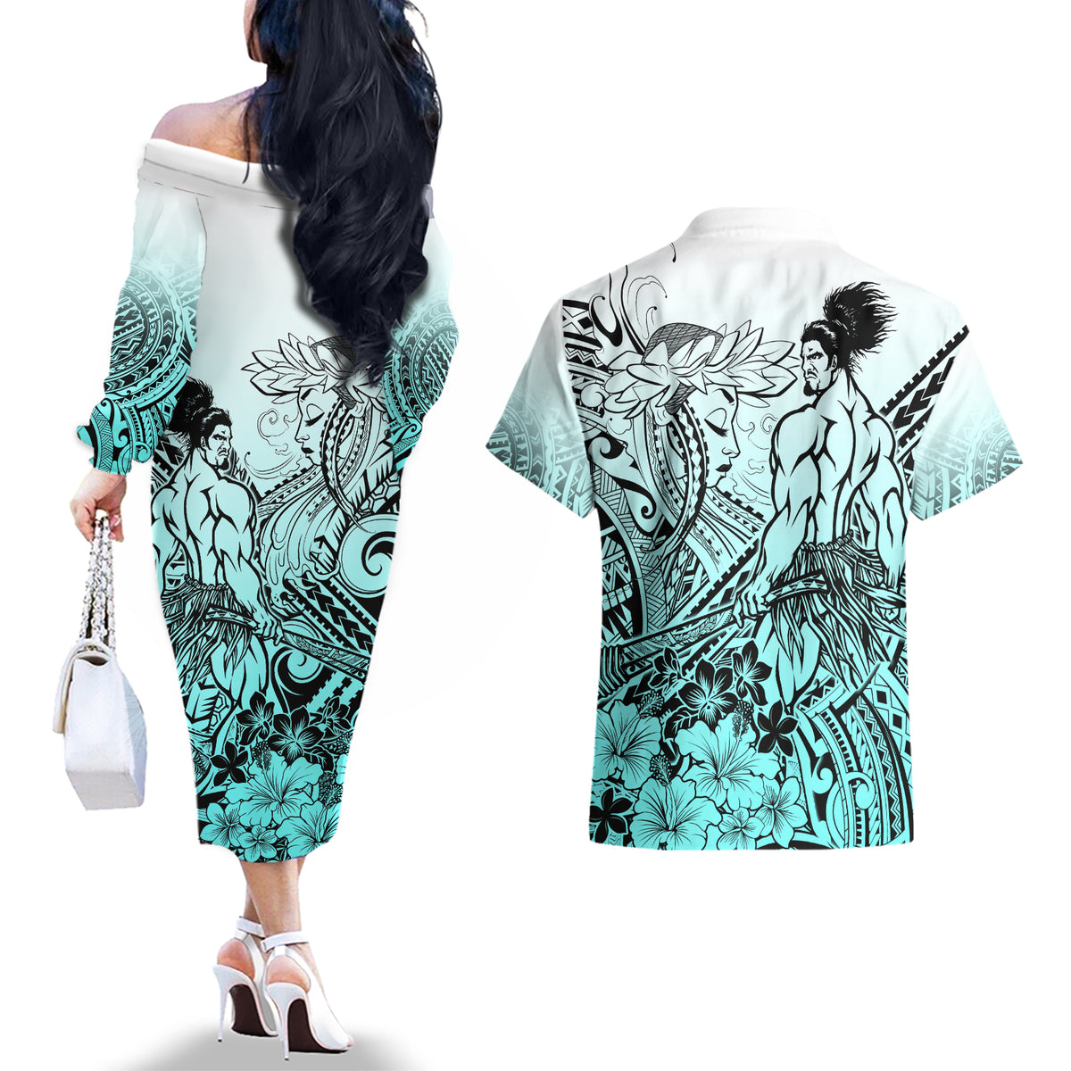Beauty and The Warrior Polynesian Valentine Couples Matching Off The Shoulder Long Sleeve Dress and Hawaiian Shirt Hibiscus FLowers Turquoise Style LT9 - Polynesian Pride