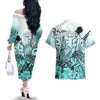 Beauty and The Warrior Polynesian Valentine Couples Matching Off The Shoulder Long Sleeve Dress and Hawaiian Shirt Hibiscus FLowers Turquoise Style LT9 - Polynesian Pride