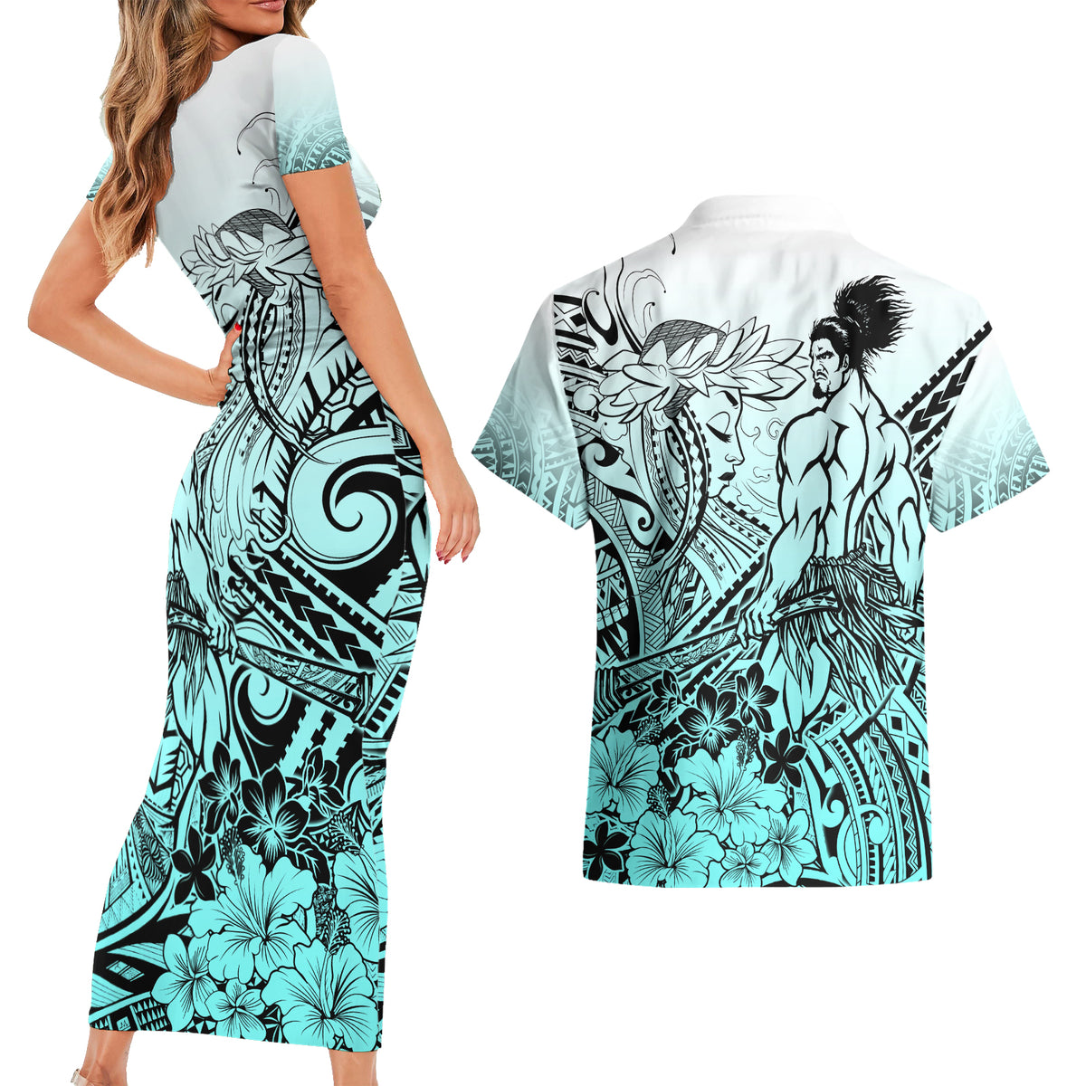 Beauty and The Warrior Polynesian Valentine Couples Matching Short Sleeve Bodycon Dress and Hawaiian Shirt Hibiscus FLowers Turquoise Style LT9 - Polynesian Pride
