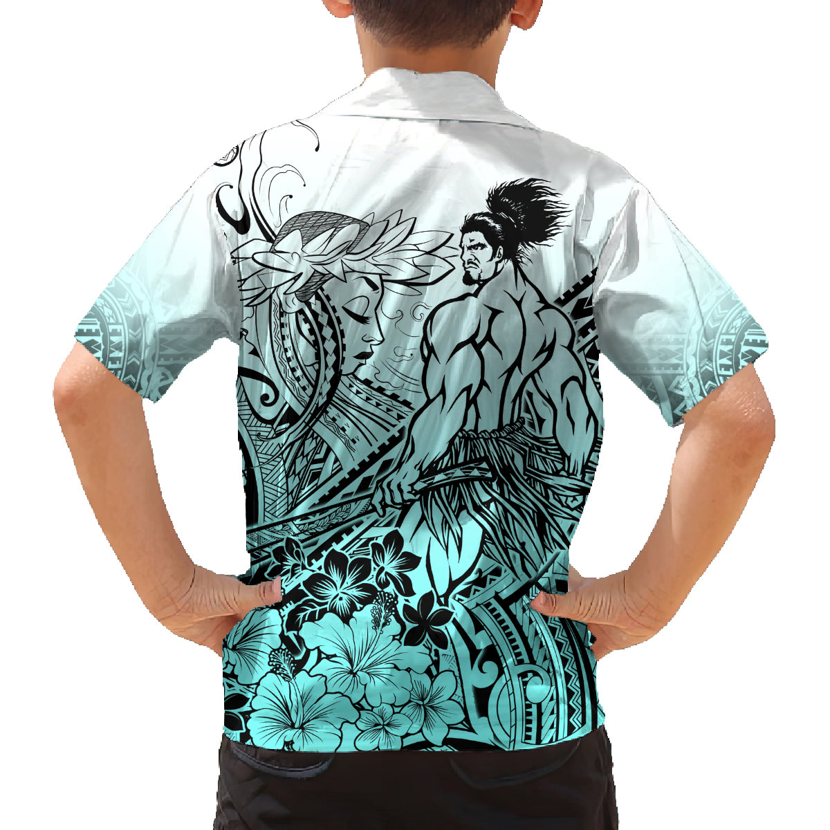 Beauty and The Warrior Polynesian Valentine Family Matching Off Shoulder Short Dress and Hawaiian Shirt Hibiscus FLowers Turquoise Style LT9 - Polynesian Pride