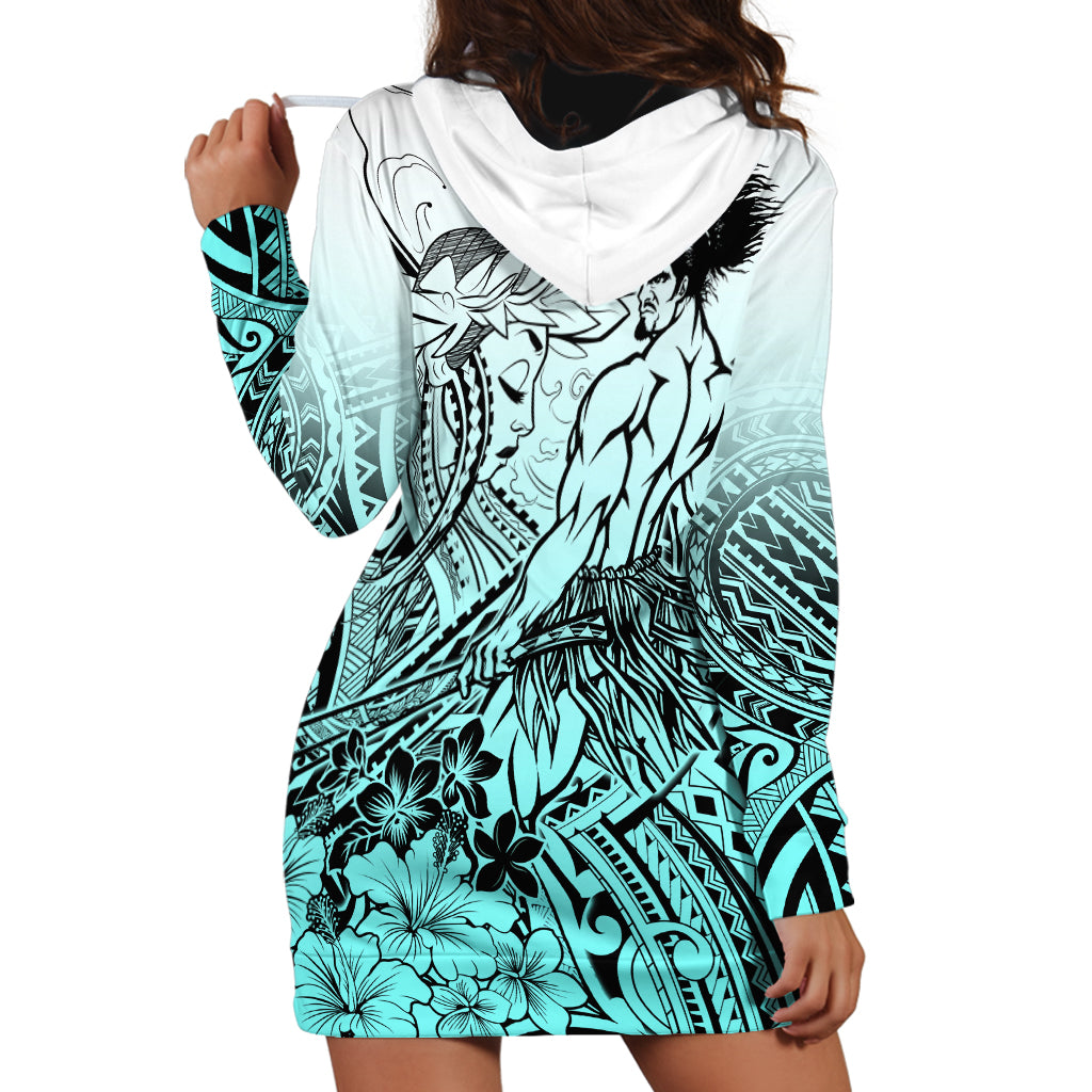 Beauty and The Warrior Polynesian Valentine Hoodie Dress Hibiscus FLowers Turquoise Style LT9 - Polynesian Pride