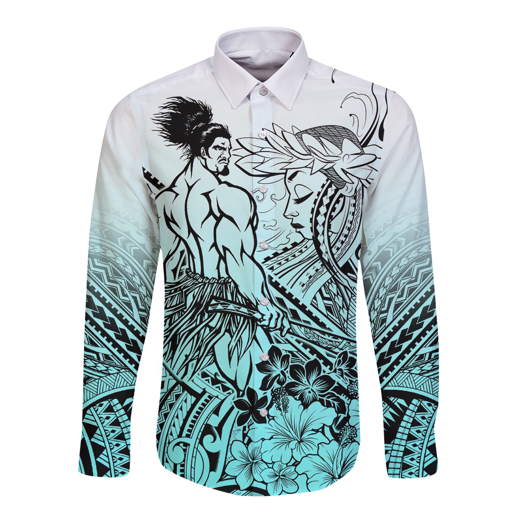 Beauty and The Warrior Polynesian Valentine Long Sleeve Button Shirt Hibiscus FLowers Turquoise Style LT9 Unisex Turquoise - Polynesian Pride