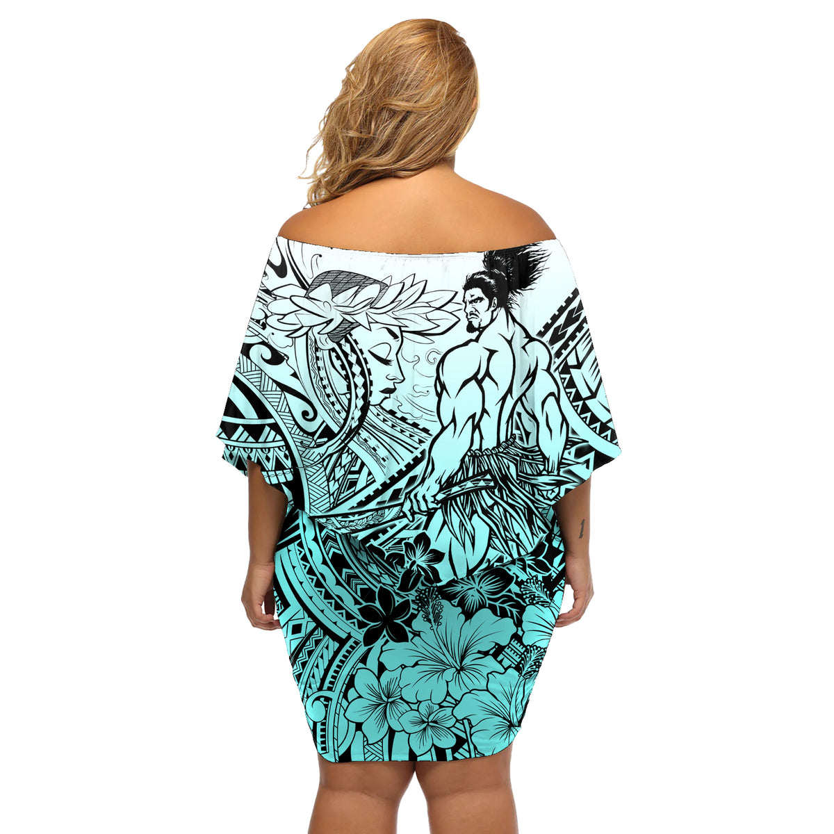 Beauty and The Warrior Polynesian Valentine Off Shoulder Short Dress Hibiscus FLowers Turquoise Style LT9 - Polynesian Pride