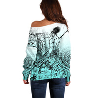 Beauty and The Warrior Polynesian Valentine Off Shoulder Sweater Hibiscus FLowers Turquoise Style LT9 - Polynesian Pride