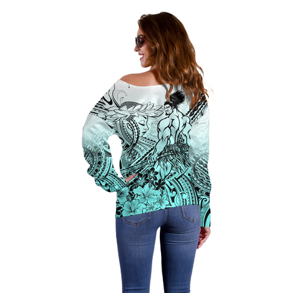 Beauty and The Warrior Polynesian Valentine Off Shoulder Sweater Hibiscus FLowers Turquoise Style LT9 - Polynesian Pride