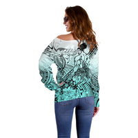 Beauty and The Warrior Polynesian Valentine Off Shoulder Sweater Hibiscus FLowers Turquoise Style LT9 - Polynesian Pride