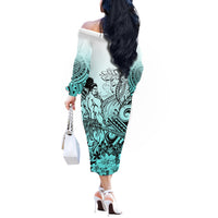Beauty and The Warrior Polynesian Valentine Off The Shoulder Long Sleeve Dress Hibiscus FLowers Turquoise Style LT9 - Polynesian Pride