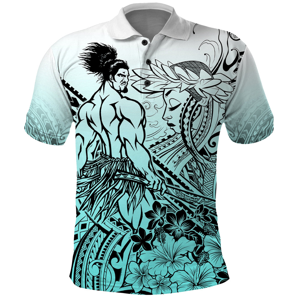 Beauty and The Warrior Polynesian Valentine Polo Shirt Hibiscus FLowers Turquoise Style LT9 Turquoise - Polynesian Pride