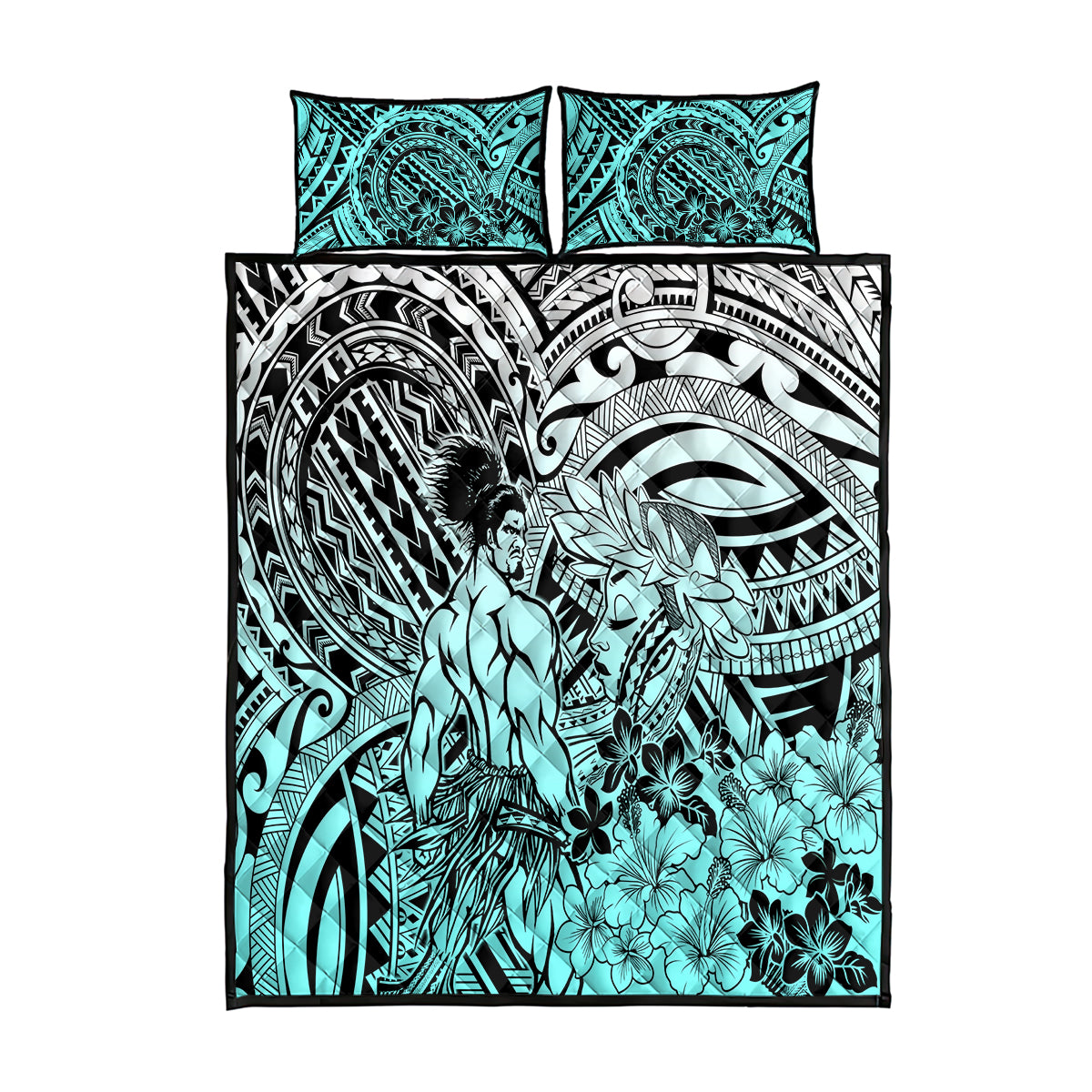 Beauty and The Warrior Polynesian Valentine Quilt Bed Set Hibiscus FLowers Turquoise Style LT9 Turquoise - Polynesian Pride