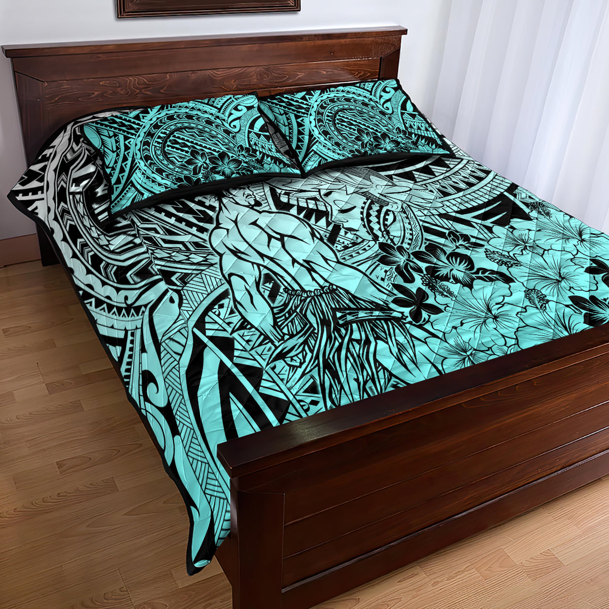 Beauty and The Warrior Polynesian Valentine Quilt Bed Set Hibiscus FLowers Turquoise Style LT9 - Polynesian Pride
