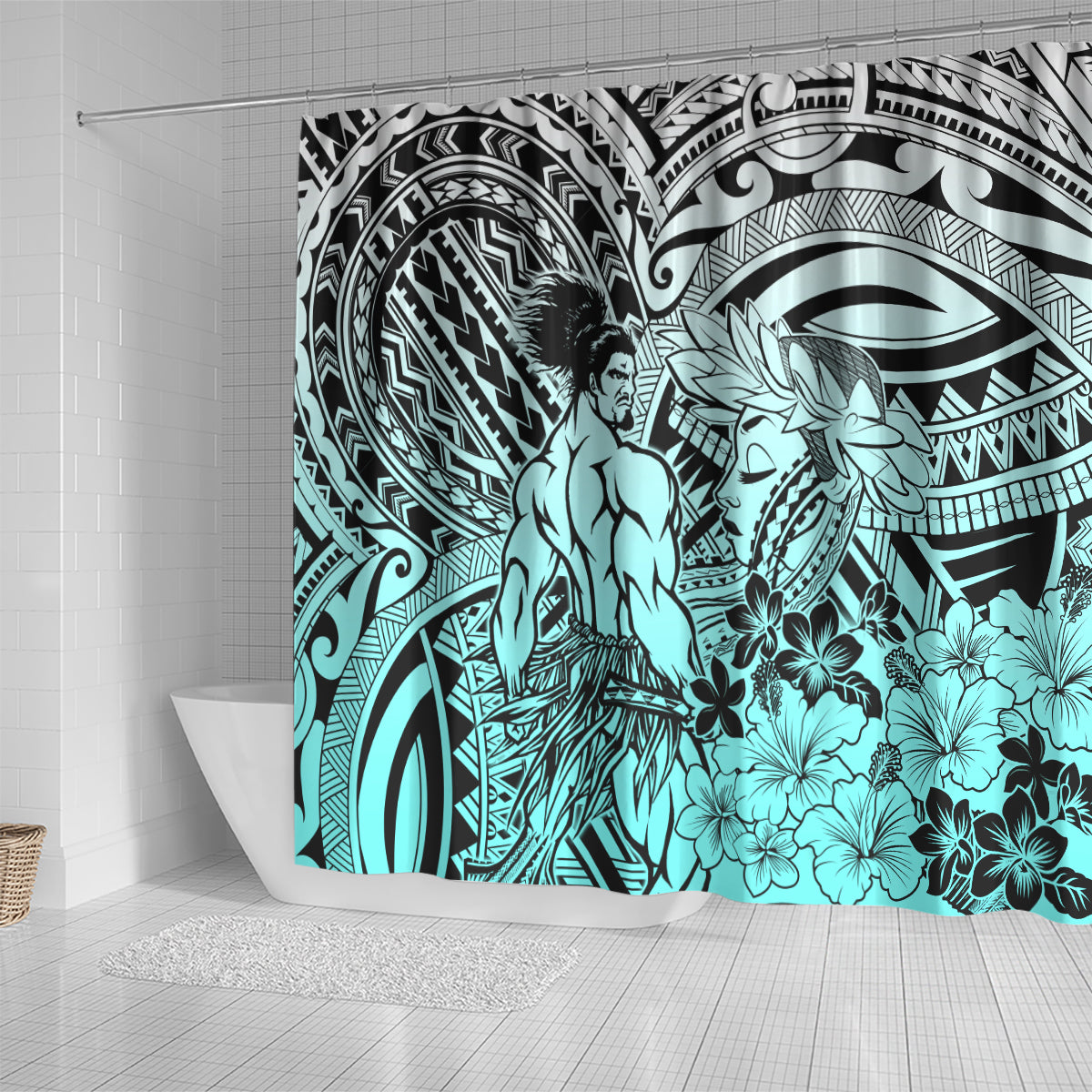 Beauty and The Warrior Polynesian Valentine Shower Curtain Hibiscus FLowers Turquoise Style LT9 - Polynesian Pride