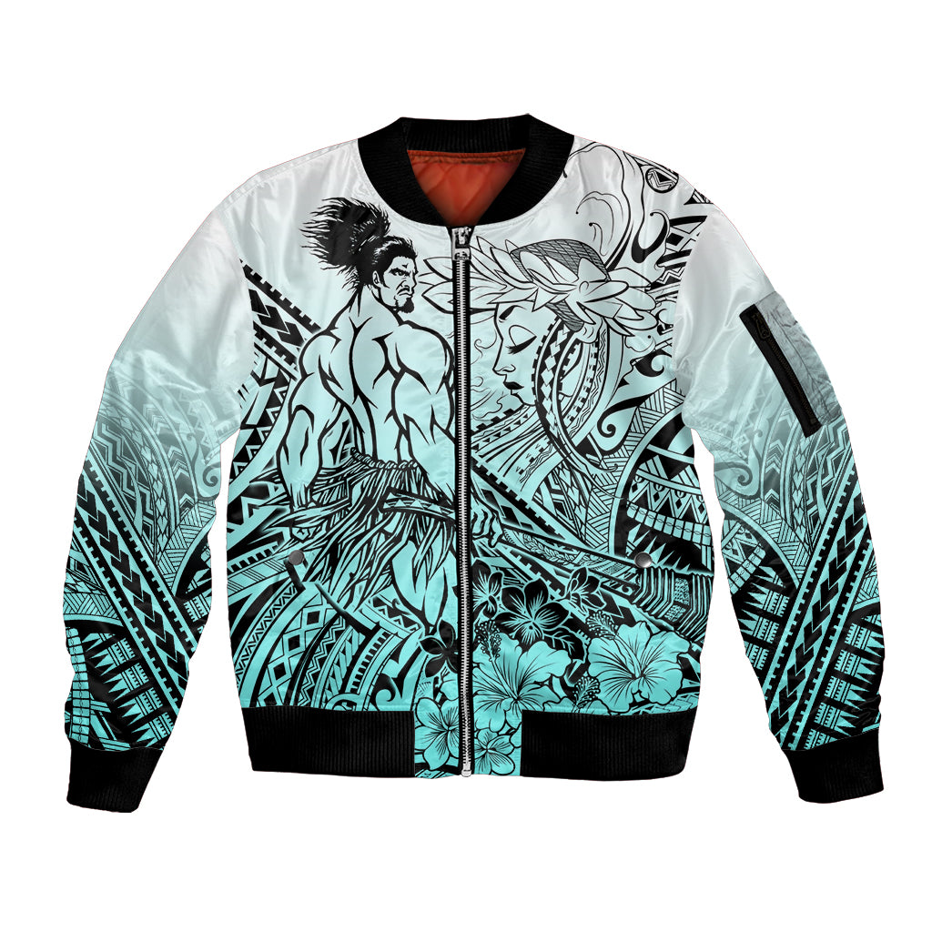 Beauty and The Warrior Polynesian Valentine Sleeve Zip Bomber Jacket Hibiscus FLowers Turquoise Style LT9 Unisex Turquoise - Polynesian Pride