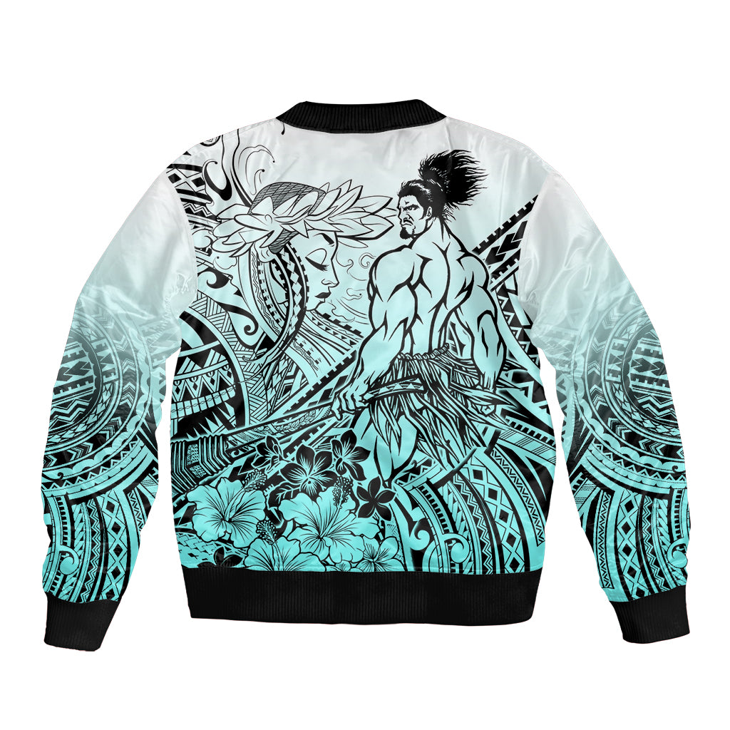 Beauty and The Warrior Polynesian Valentine Sleeve Zip Bomber Jacket Hibiscus FLowers Turquoise Style LT9 - Polynesian Pride